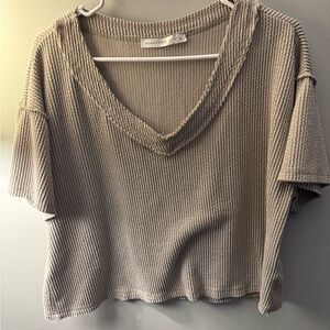 Altar'd State Taupe Textured V-Neck Short Sleeve Top